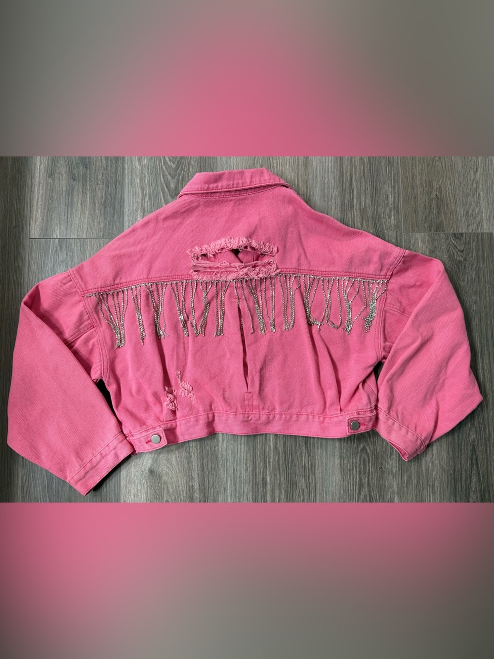 Pink Crop Denim Jacket Rhinestone Fringe Distressed Y2K Festival Biker S/M